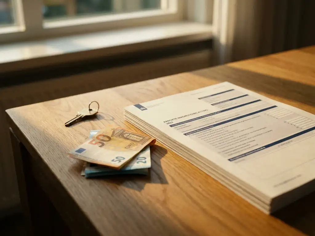 Nederlandse belastingaangifte naast eurobiljetten en huissleutel op eiken bureau, zachte middaglichtval.