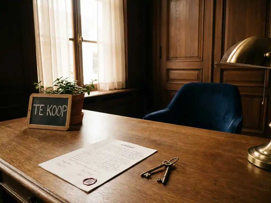 Ondertekend koopcontract op een notarisbureau naast messing sleutels en een Te Koop-bord bij een terracotta bloempot.