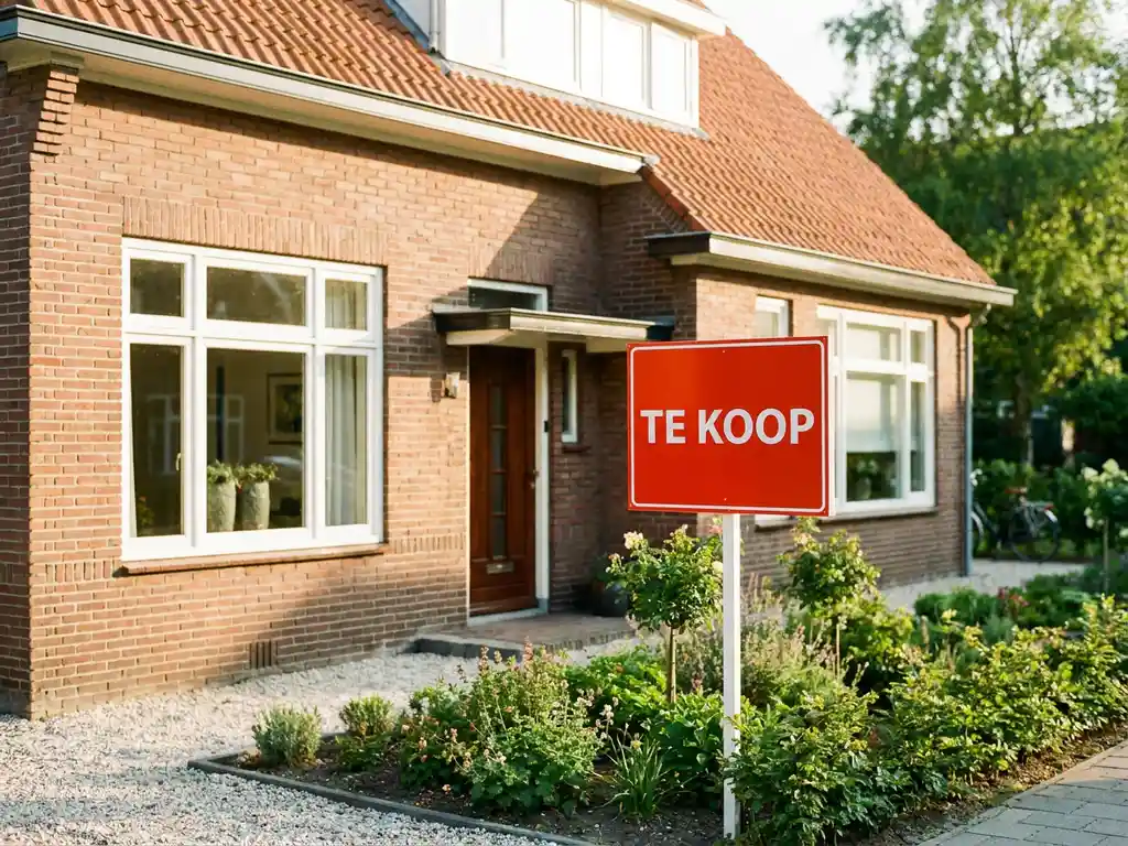 Nederlandse gezinswoning met rood Te Koop-bord in verzorgde voortuin, bakstenen gevel met witte kozijnen in middagzon.