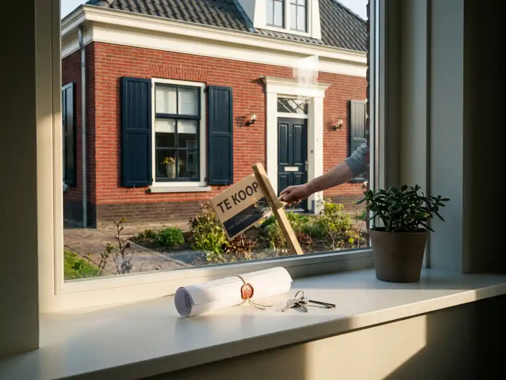 Nederlandse gezinswoning met rode bakstenen gevel, notariële akte en sleutels op vensterbank, 'Te Koop'-bord wordt verwijderd.