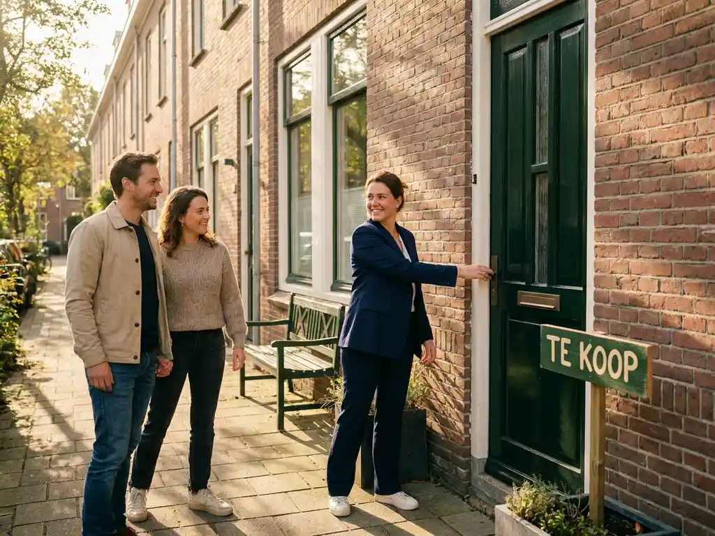 Makelaar opent voordeur van bakstenen rijtjeshuis voor bezichtiging, te koop bord zichtbaar, warm middaglicht op tegelspad.