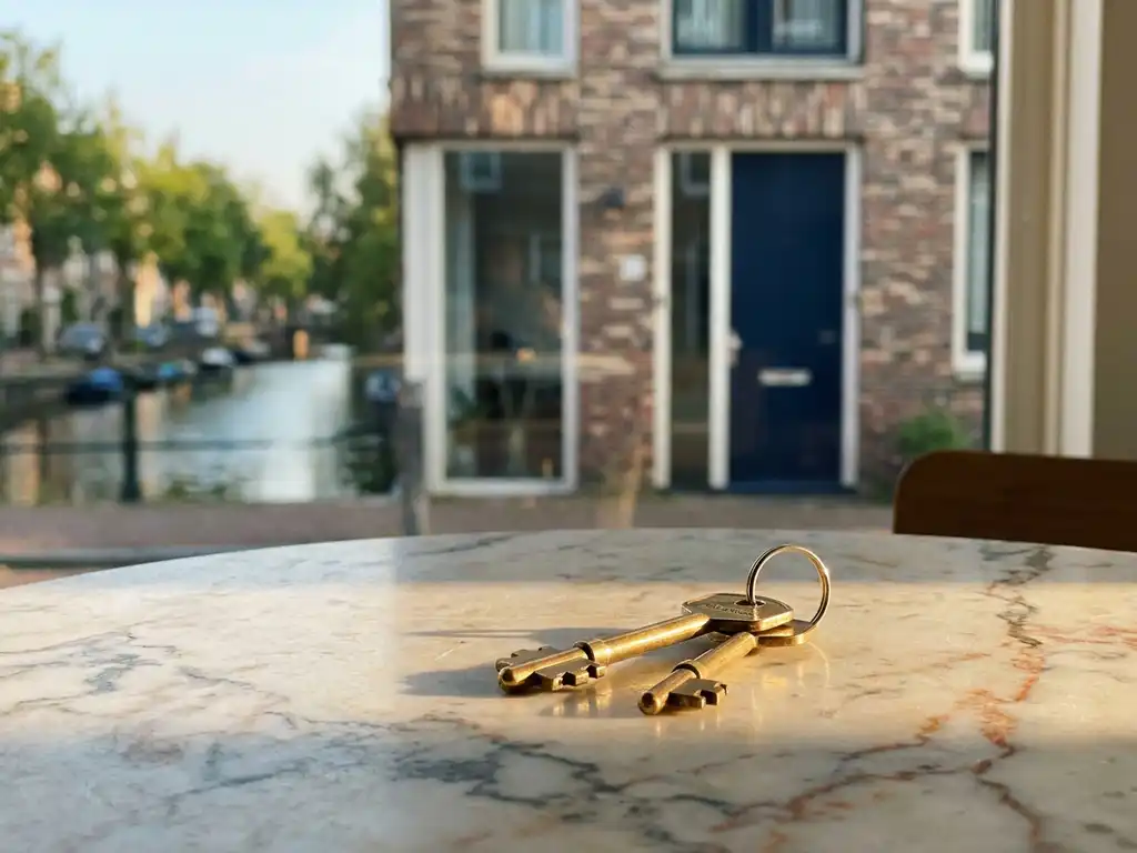 Glanzende huissleutels op marmeren ondergrond met moderne Nederlandse grachtenpand op de achtergrond in warm middaglicht.