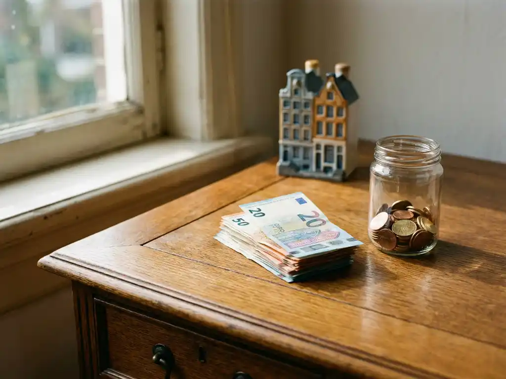 Stapel eurobiljetten naast een glazen pot met munten en een miniatuur Hollands grachtenpand op een eikenhouten bureau.
